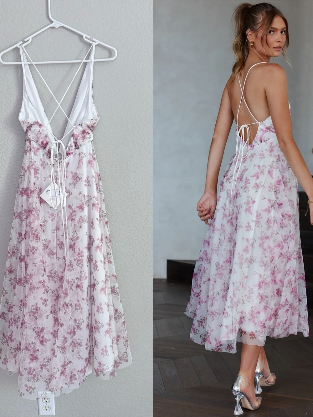 Floating By Plunging Neckline Midi Dress Floral Pink - Picture 2 of 4